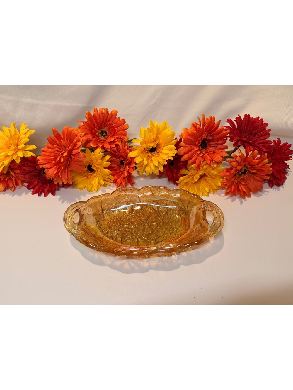 Vintage Marigold Carnival Glass Handled Serving Tray, Sunflower Floral 9.5”
